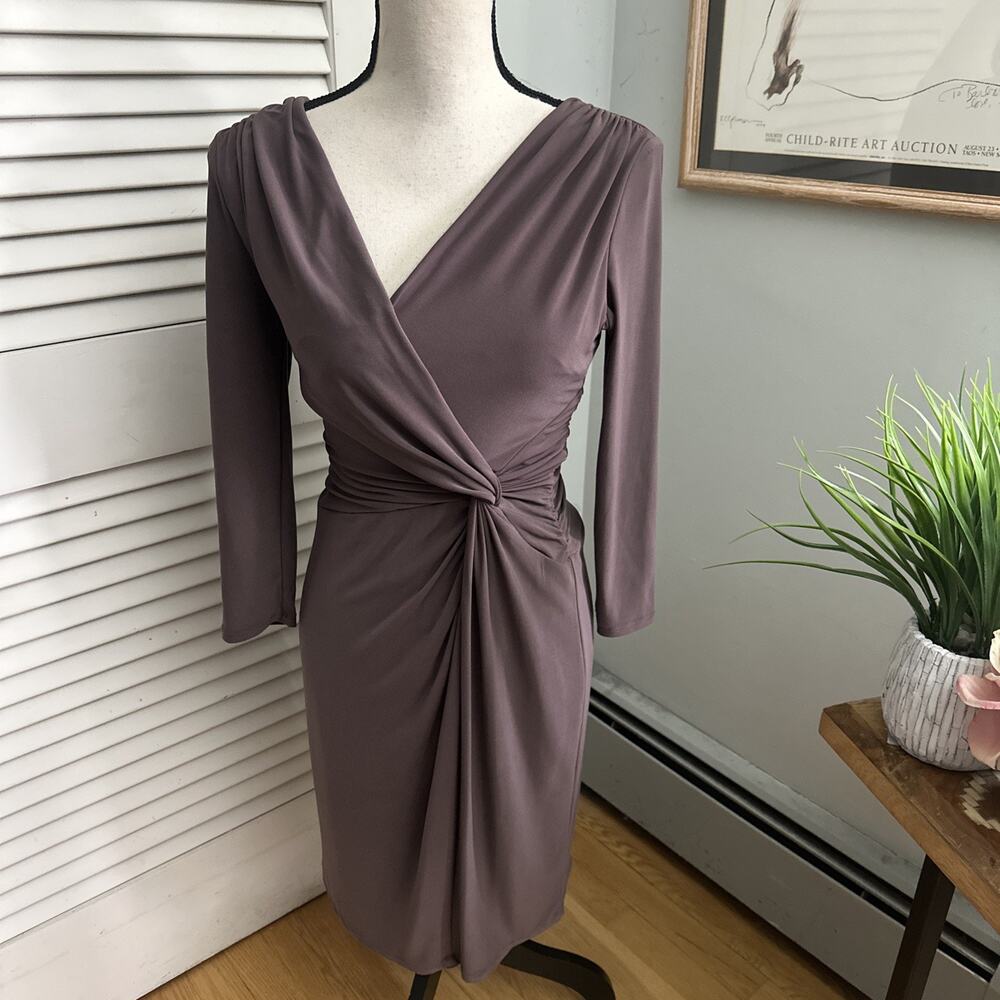 LAUREN RALPH LAUREN Dress Womens 2 Taupe Brown Faux Wrap Sheath Cocktail Evening